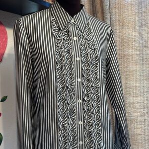 Vintage 1990’s Tracy M gray/white stripe blouse with ruffle detail. Size M.